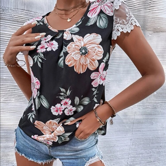 Boho floral print lace trim  blouse - Picture 6 of 6